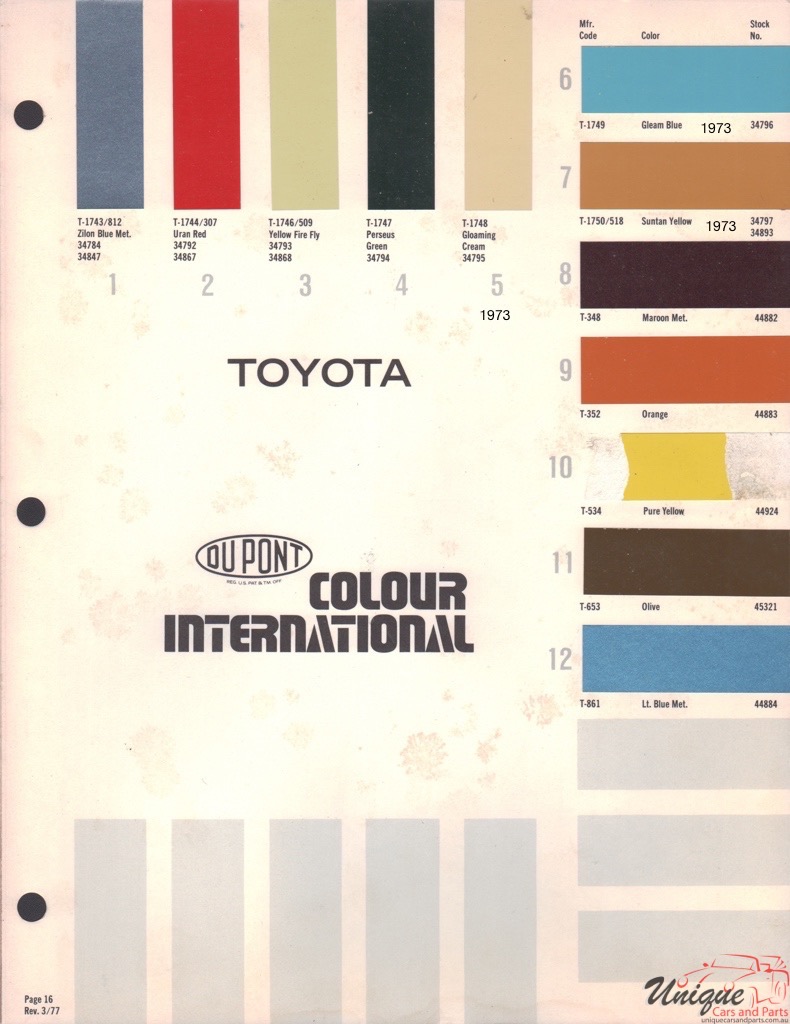 1973 Toyota International Paint Charts DuPont 8